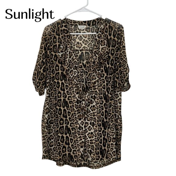 Siren Lily Strech Mesh Leopard Print Ruffled Top Blouse Women 1X  Ruffle V neck - Picture 1 of 12